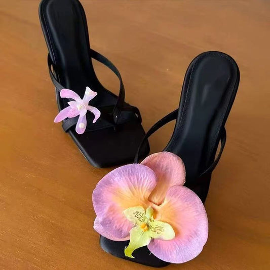 Handmade Asymmetric Flower Sandals For Women High Heel Semi-slipper