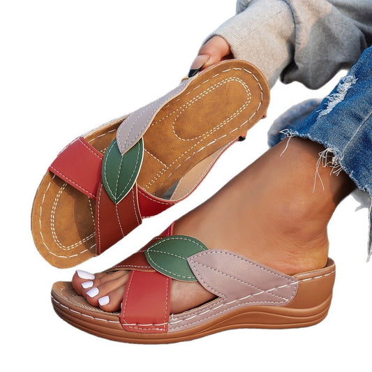 Women's Thick-soled Shoes Cross-strap Color Matching Peep-toe Slippers