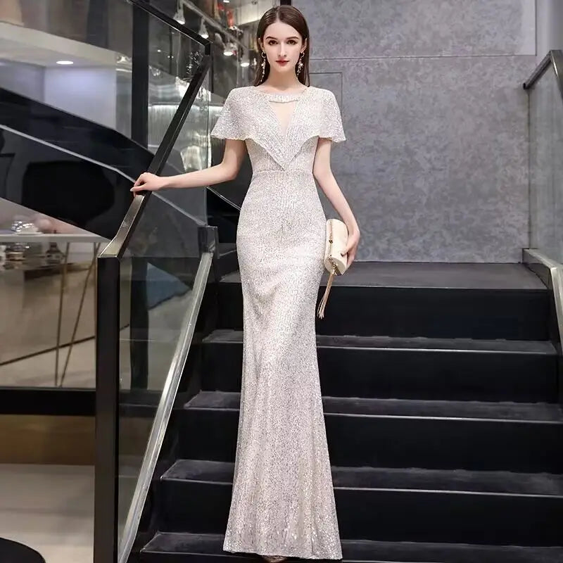 2023 New Fi Tail Evening Gown Women's Par Host High End Sensation Light Luxury Small ence Champagne Color Dr