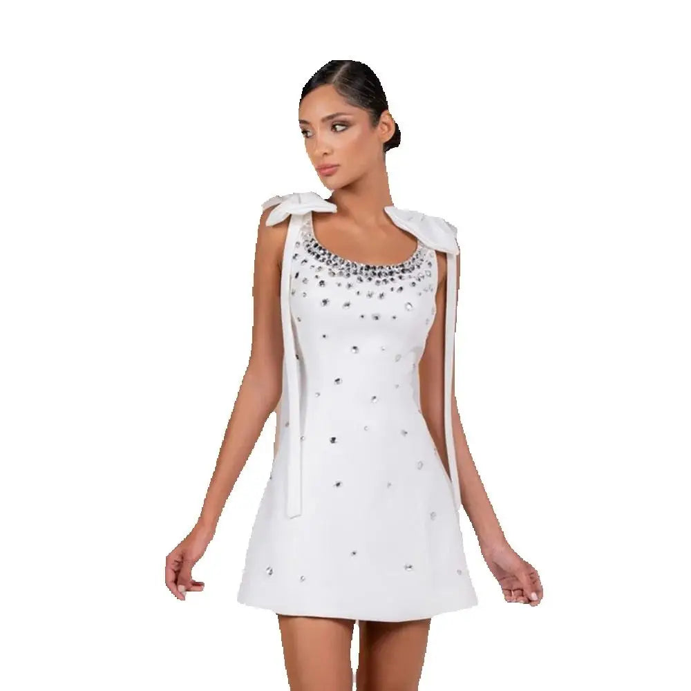 White Crystal Embellished Sleeveless Bow Shoulder Elegant Evening Dress for Women Formal Wear Wedding Guest Party Sparkly Fashio