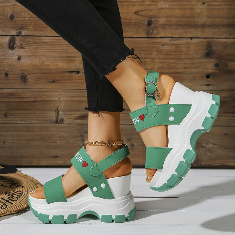 Women's Wedge Heeled Sandals, Platform Open Toe Ankle Strap Metal Buckled Sandals, Women's Fashion Casual Footwear