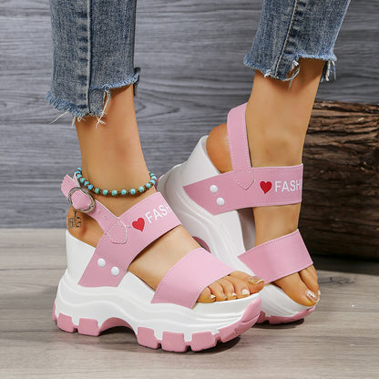 Women's Wedge Heeled Sandals, Platform Open Toe Ankle Strap Metal Buckled Sandals, Women's Fashion Casual Footwear