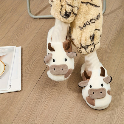 Cozy Home Cute Cartoon Cow Plush Half-Wrap Slippers, Couple's Matching Thickened Warm