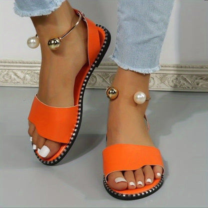 Women's Flat Sandals, Solid Color Beaded Beach Shoes, Slingback Slides for Koningsdag/King's Day