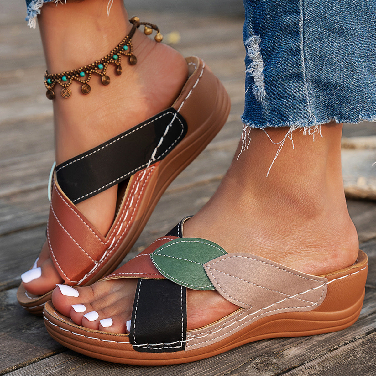 Women's Thick-soled Shoes Cross-strap Color Matching Peep-toe Slippers