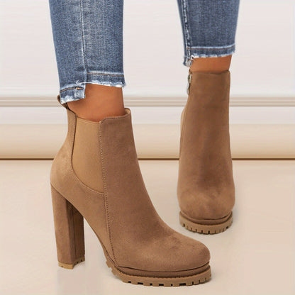 Women's Pointed Toe Short Boots, Tound Toe Side Zipper Chunky Heeled Platform Ankle Boots, Women's Footwear