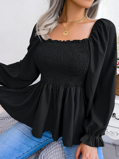 [Chic Blouse] Soft Chiffon Women's Casual Chic Square Neck Blouse | Long Sleeve Top with Flared Sleeves & Ruffled Hem - Solid Color, Machine Washable, Autumn Apparel, Versatile Clothing
