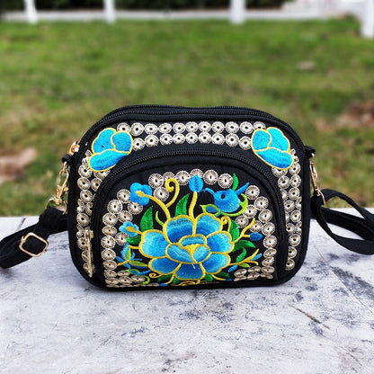 Vibrant Floral Embroidered Crossbody Bag for Women - Lightweight, Double-Sided Design with Detachable Strap, Zipper Closure, and Phone Pocket - Perfect for Casual Outings, Travel Accessory | Vibrant Pattern Bag | Coin Purse