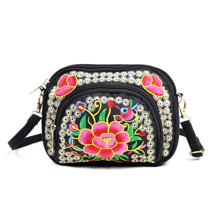 Vibrant Floral Embroidered Crossbody Bag for Women - Lightweight, Double-Sided Design with Detachable Strap, Zipper Closure, and Phone Pocket - Perfect for Casual Outings, Travel Accessory | Vibrant Pattern Bag | Coin Purse