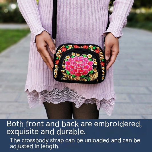 Vibrant Floral Embroidered Crossbody Bag for Women - Lightweight, Double-Sided Design with Detachable Strap, Zipper Closure, and Phone Pocket - Perfect for Casual Outings, Travel Accessory | Vibrant Pattern Bag | Coin Purse