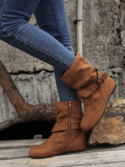 1.18inch Inner Height Increase Women's Short Boots with Flat Sole, Buckle Closure, Comfortable, Warm, and Lightweight