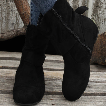 1.18inch Inner Height Increase Women's Short Boots with Flat Sole, Buckle Closure, Comfortable, Warm, and Lightweight
