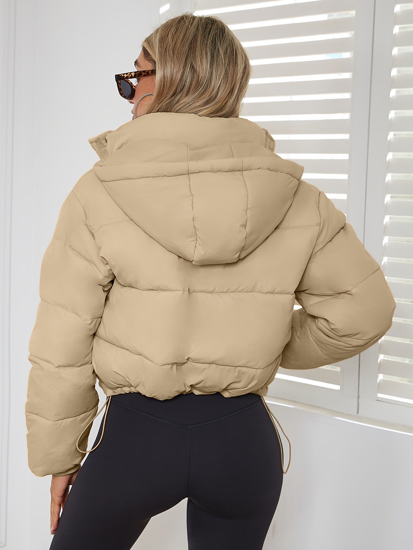 Women's Casual Short Puffer Jacket - Black Solid Hooded Design, Polyester Smooth Fabric, 70g/m² Lining, Long Sleeve with Drawstring | Winter Warmth | Comfortable Fit