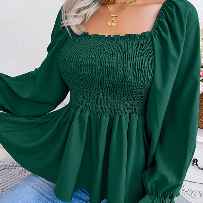 [Chic Blouse] Soft Chiffon Women's Casual Chic Square Neck Blouse | Long Sleeve Top with Flared Sleeves & Ruffled Hem - Solid Color, Machine Washable, Autumn Apparel, Versatile Clothing