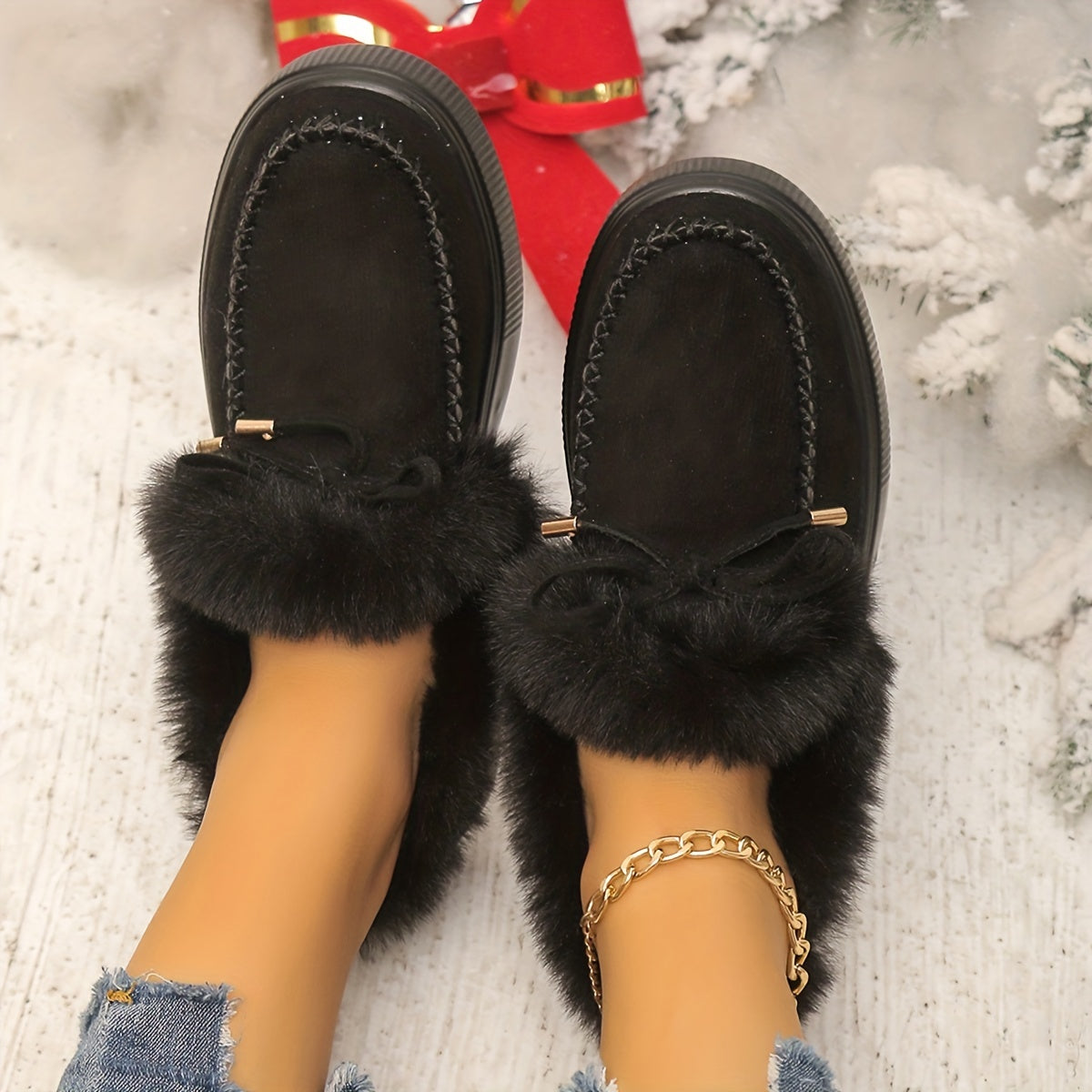 Women' Winter Snow Boots Suitable for Weather - Warm Plush Round-Toe Slip-On Ankle Boots with Soft Fabric Upper & Rubber Sole, Cozy Warmth for Snow/Ice - Plus Size Available