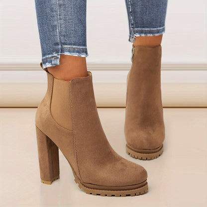 Women's Pointed Toe Short Boots, Tound Toe Side Zipper Chunky Heeled Platform Ankle Boots, Women's Footwear