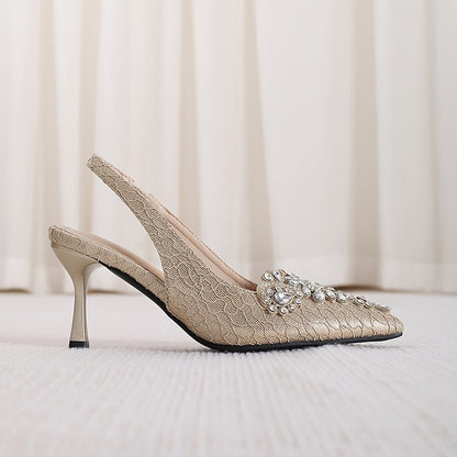 Women'S Rhinestone-Embellished Pointed-Toe Stiletto Heel Pumps - Glamorous Striped Fabric Upper with Adjustable Ankle Straps & Sparkling Embellishments, PU Sole for Spring Formal Events, High Heel Shoes, Formal Footwear, Glam