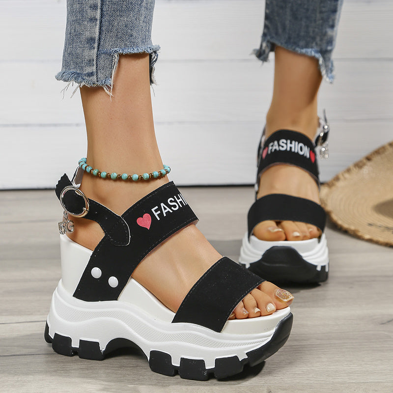 Women's Wedge Heeled Sandals, Platform Open Toe Ankle Strap Metal Buckled Sandals, Women's Fashion Casual Footwear