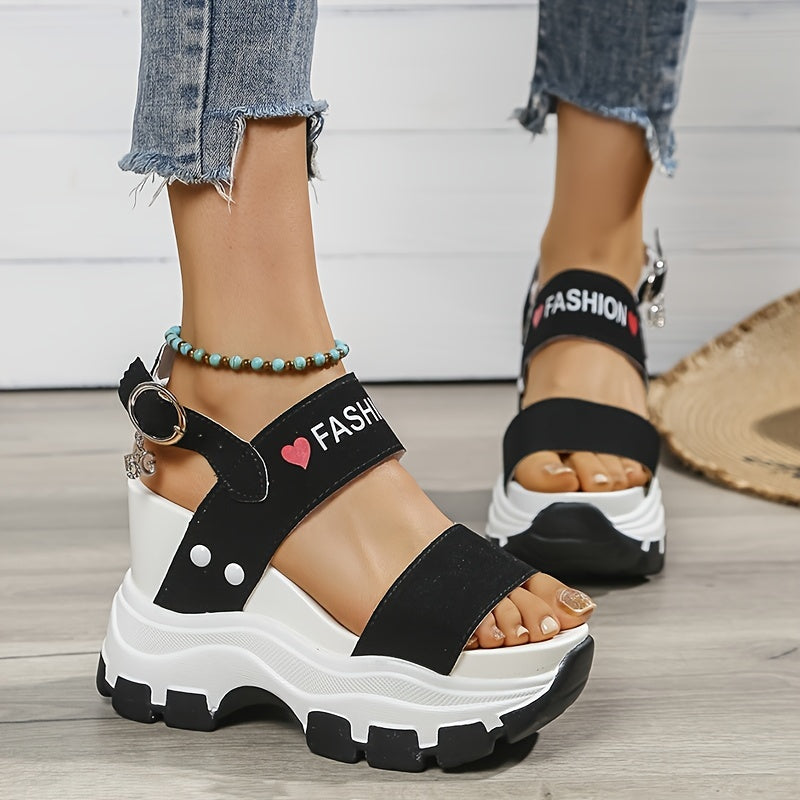 Women's Wedge Heeled Sandals, Platform Open Toe Ankle Strap Metal Buckled Sandals, Women's Fashion Casual Footwear