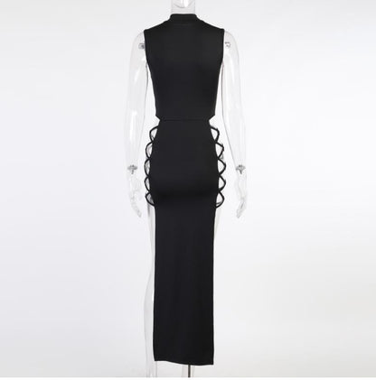 22 New Sexy Vest-Strap Long Dress with High Slit and Side Hollow | High Neck, Bodycon Fit, Solid Color for Spring/Fall