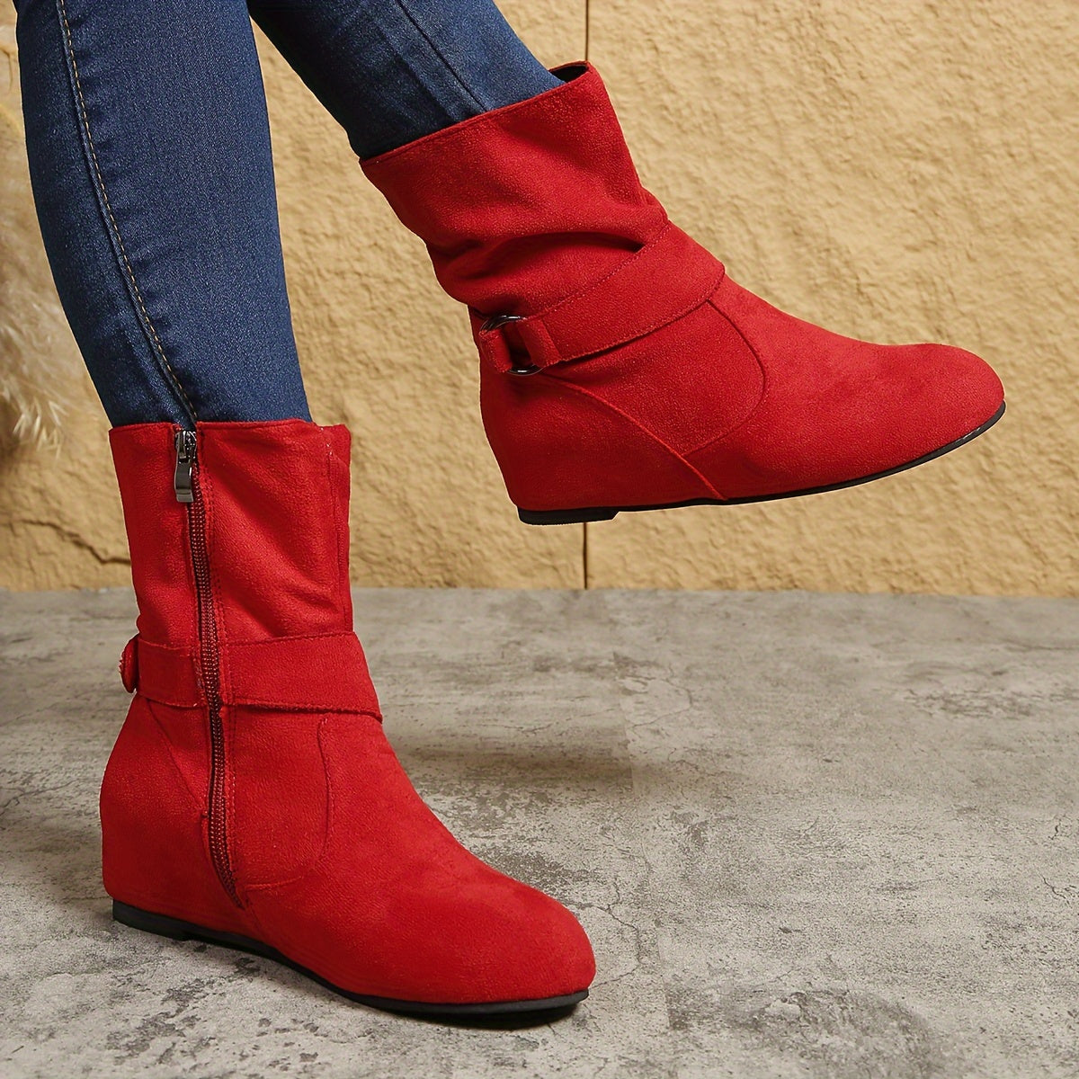 1.18inch Inner Height Increase Women's Short Boots with Flat Sole, Buckle Closure, Comfortable, Warm, and Lightweight