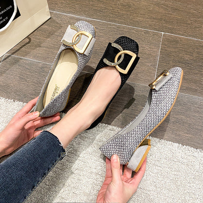 Small Fragrance Wind Single Shoe Women's Spring and Autumn New Outdoor Comfortable Versatile Soft Sole Low-Heel Non-Tiring Four Seasons Square-Toe Mid-Heel Flat Shoes