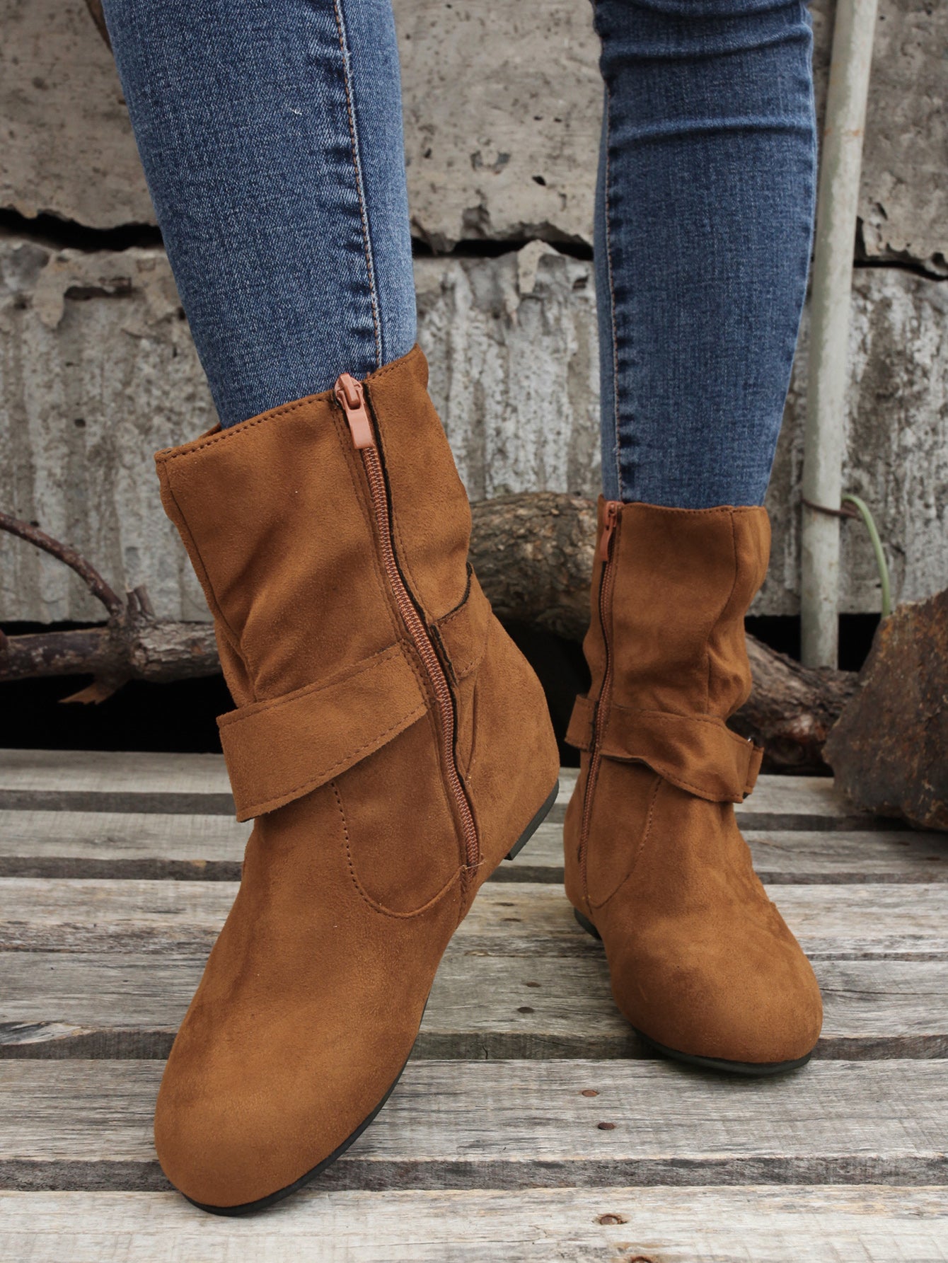 1.18inch Inner Height Increase Women's Short Boots with Flat Sole, Buckle Closure, Comfortable, Warm, and Lightweight