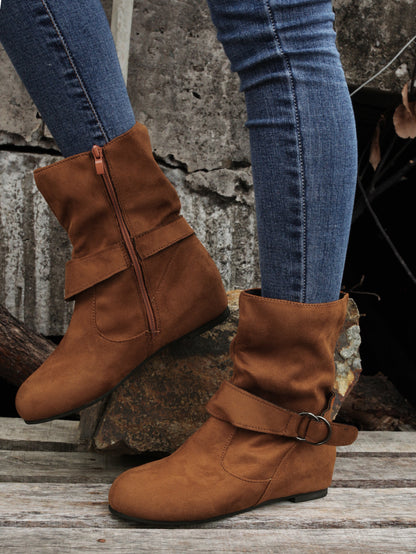 1.18inch Inner Height Increase Women's Short Boots with Flat Sole, Buckle Closure, Comfortable, Warm, and Lightweight