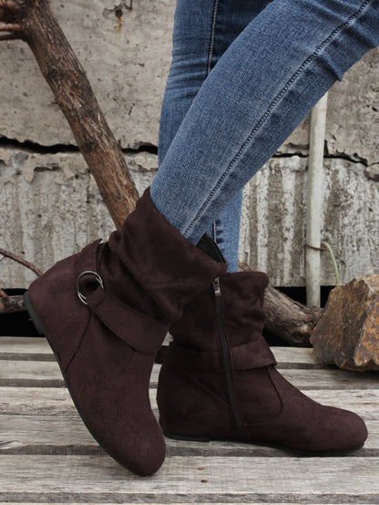 1.18inch Inner Height Increase Women's Short Boots with Flat Sole, Buckle Closure, Comfortable, Warm, and Lightweight