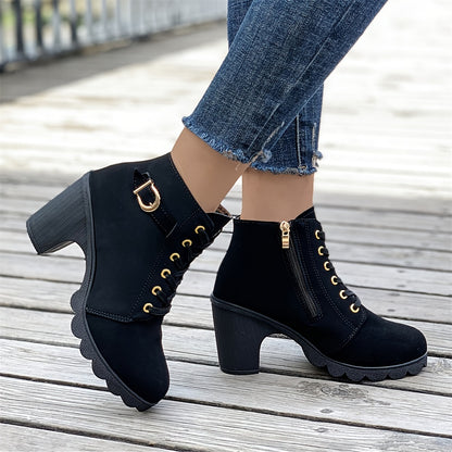 Women's Chunky Heel Ankle Boots - Black Faux Cover Lace-Up Side Zipper Booties with Golden Accents, Cap Toe & Comfortable Block Heel for Casual Outings