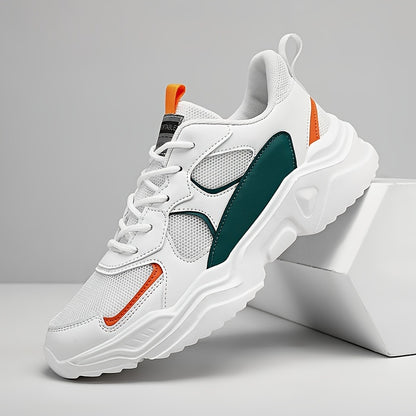 Men's Breathable Mesh Chunky Sneakers - White & Teal Casual Sneakers with EVA Sole, Lace-Up Design for All Seasons
