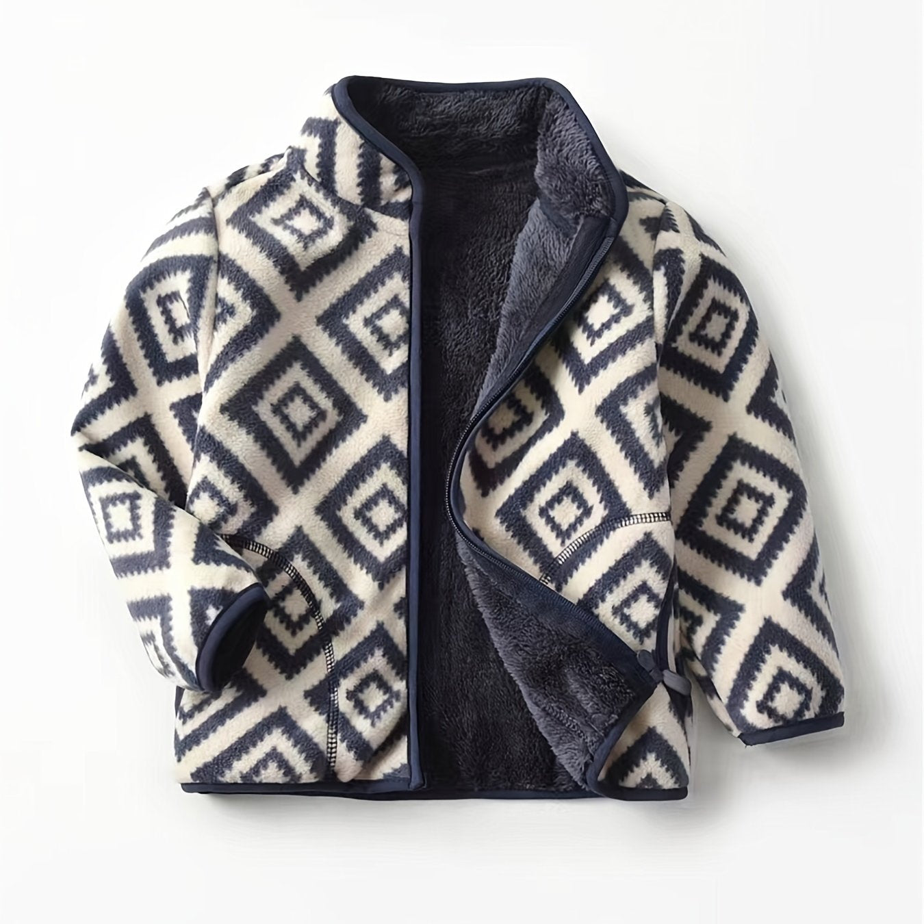 New Boys Vintage Plaid Printed Casual Thickened Warm Stand Collar Zipper Jacket