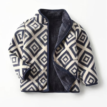 New Boys Vintage Plaid Printed Casual Thickened Warm Stand Collar Zipper Jacket