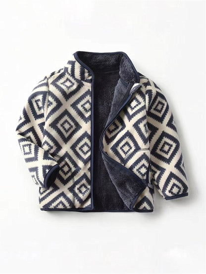 New Boys Vintage Plaid Printed Casual Thickened Warm Stand Collar Zipper Jacket