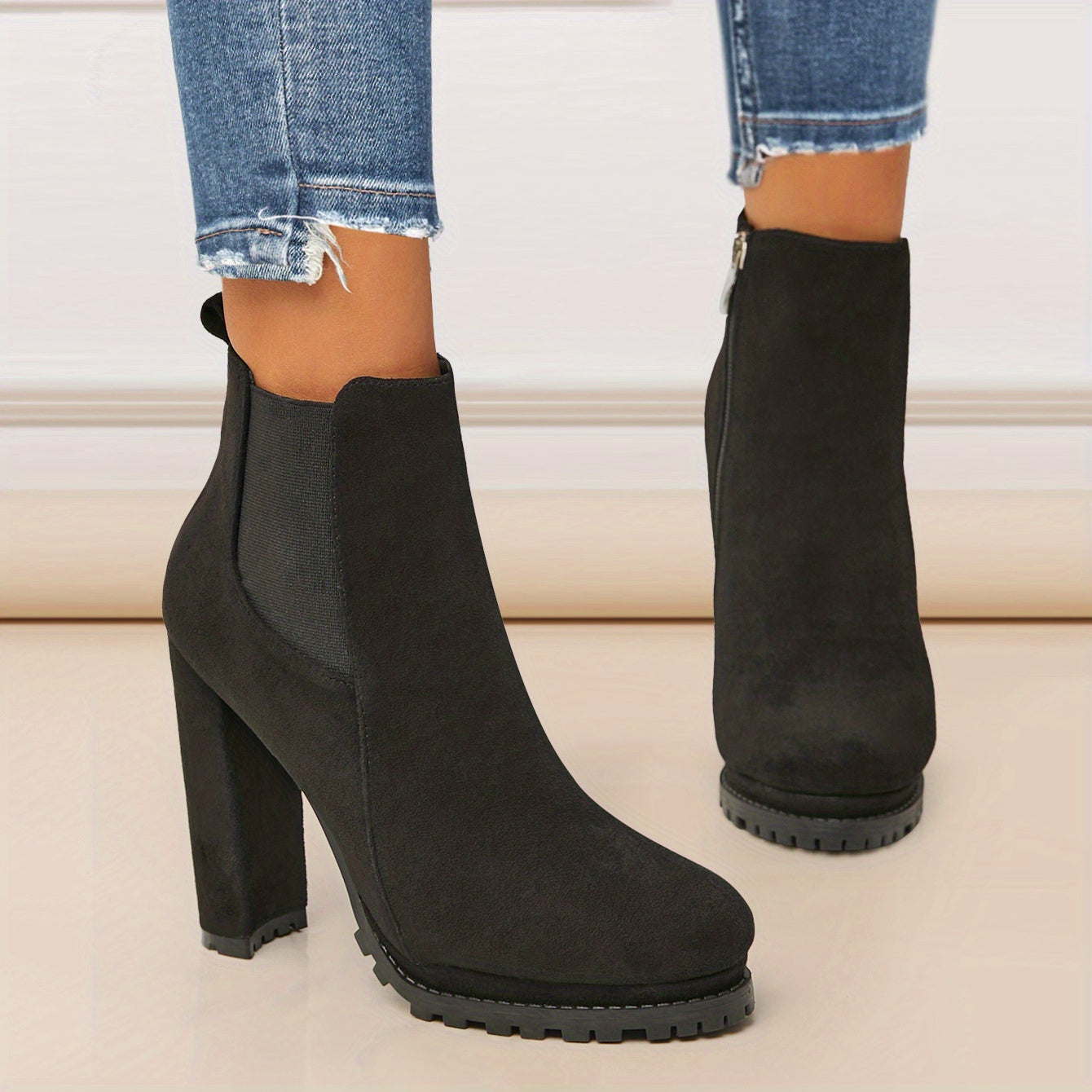 Women's Pointed Toe Short Boots, Tound Toe Side Zipper Chunky Heeled Platform Ankle Boots, Women's Footwear