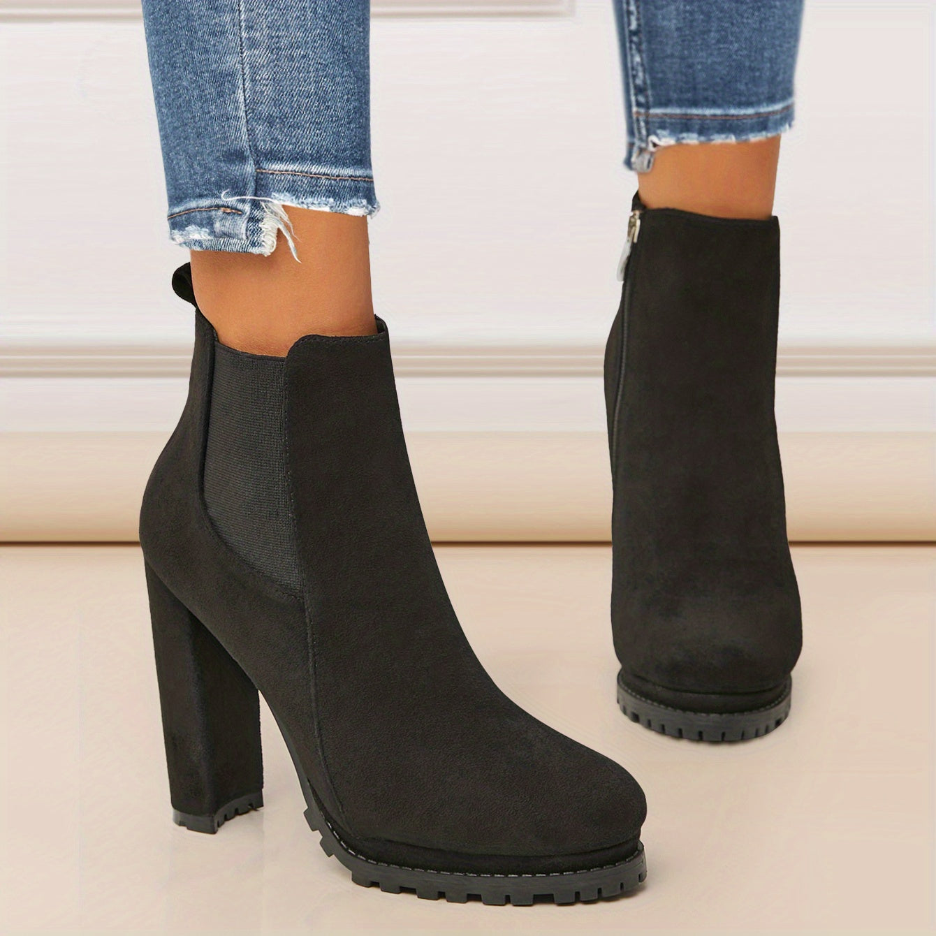 Women's Pointed Toe Short Boots, Tound Toe Side Zipper Chunky Heeled Platform Ankle Boots, Women's Footwear