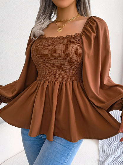 [Chic Blouse] Soft Chiffon Women's Casual Chic Square Neck Blouse | Long Sleeve Top with Flared Sleeves & Ruffled Hem - Solid Color, Machine Washable, Autumn Apparel, Versatile Clothing