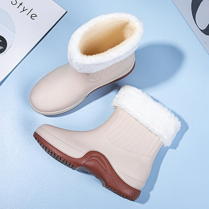 Women's Waterproof Mid Calf Boots, Fleece Liner Round Toe Platform Rain Boots, Women's Warm Plus Fashion Boots