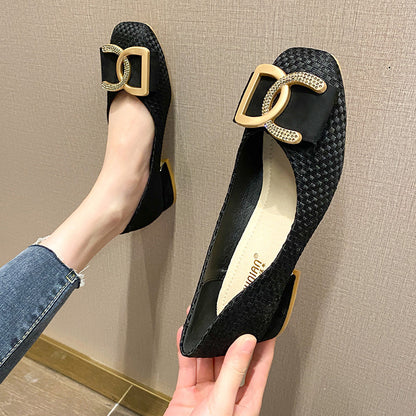 Small Fragrance Wind Single Shoe Women's Spring and Autumn New Outdoor Comfortable Versatile Soft Sole Low-Heel Non-Tiring Four Seasons Square-Toe Mid-Heel Flat Shoes