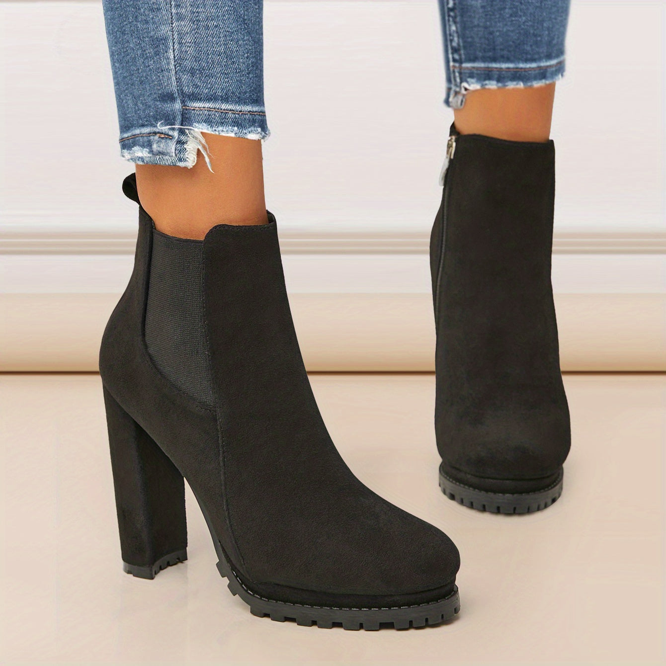 Women's Pointed Toe Short Boots, Tound Toe Side Zipper Chunky Heeled Platform Ankle Boots, Women's Footwear