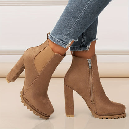Women's Pointed Toe Short Boots, Tound Toe Side Zipper Chunky Heeled Platform Ankle Boots, Women's Footwear