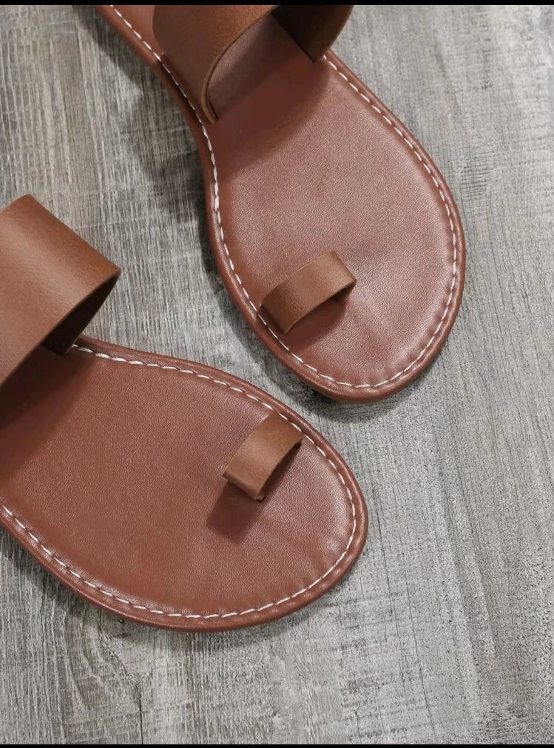 Women's Dark Brown Toe Loop Sandals, Open Round Toe Flat Comfy Fashion Slippers, Women's Indoor & Outdoor Slides