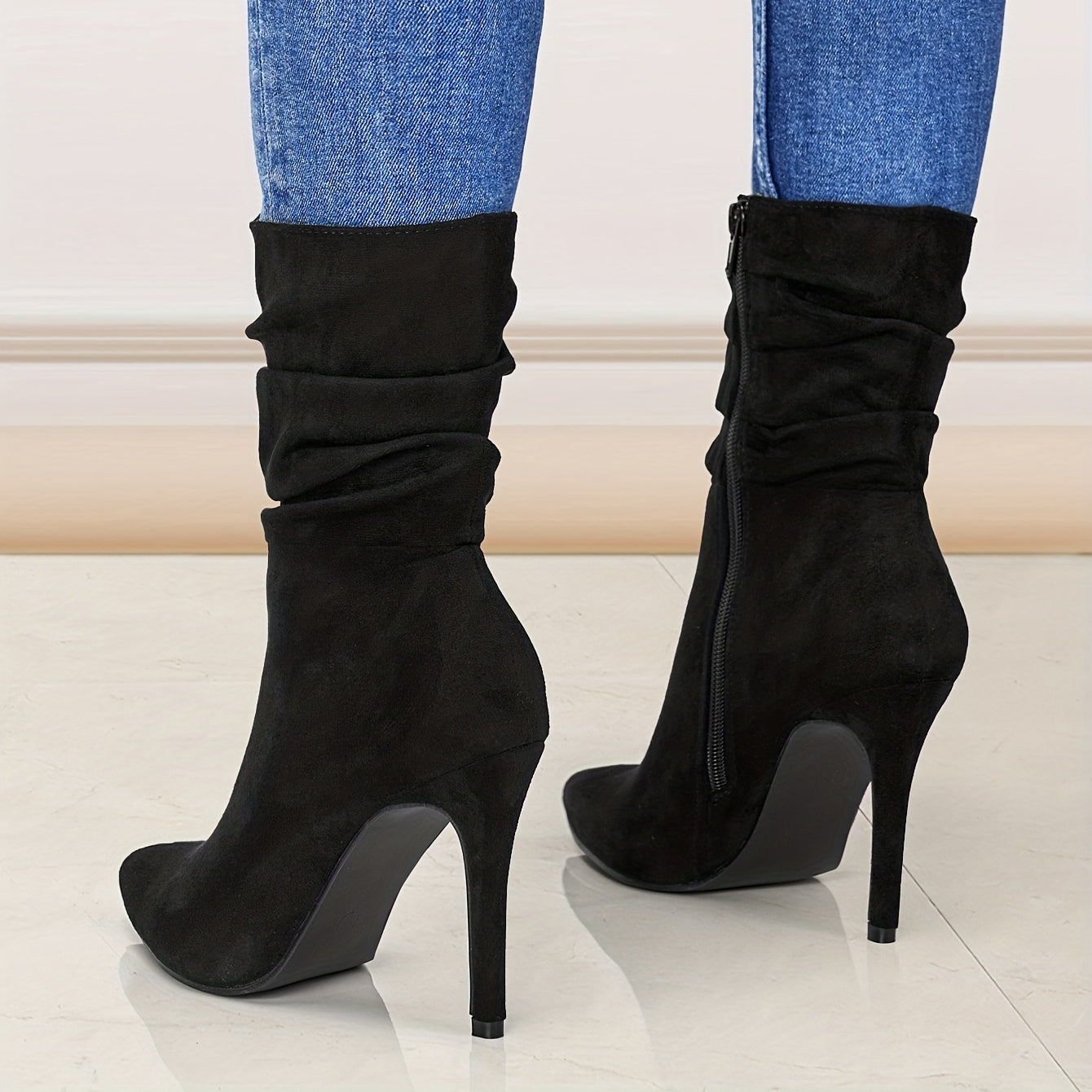 Women's Mid-Calf Boots, Plain Fashionable Boots with Zipper for Comfort and Casual Wear, Round Toe in the Middle of Calf