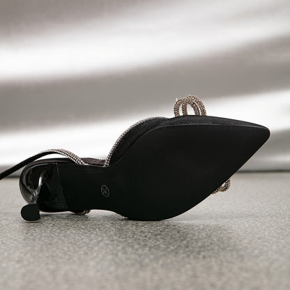 Women's Rhinestone Bow Ankle Straps High Heels, Solid Color Slingback Pointed Toe Pumps, Wedding Dress Heels for Music Festival