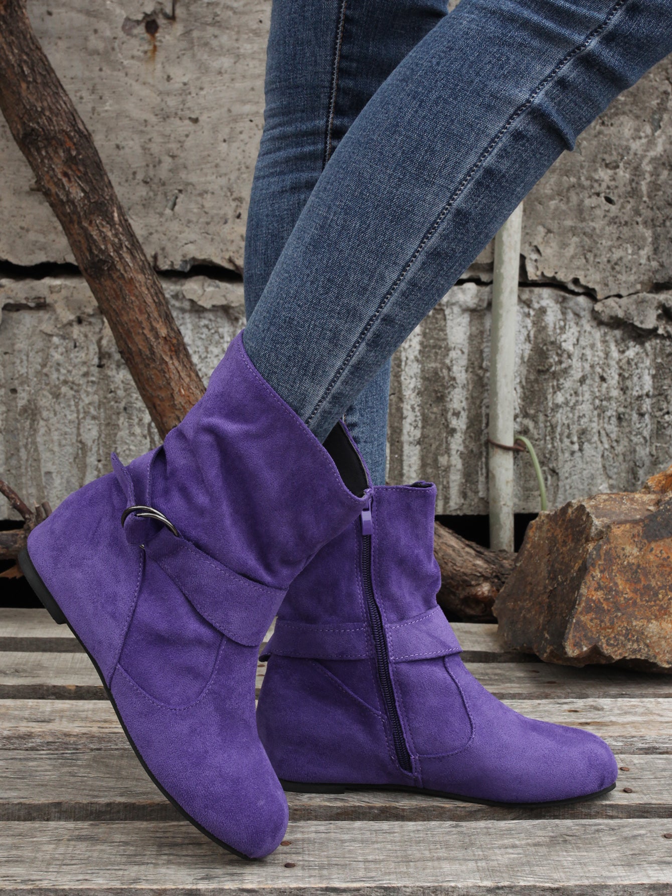 1.18inch Inner Height Increase Women's Short Boots with Flat Sole, Buckle Closure, Comfortable, Warm, and Lightweight