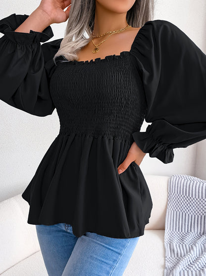 [Chic Blouse] Soft Chiffon Women's Casual Chic Square Neck Blouse | Long Sleeve Top with Flared Sleeves & Ruffled Hem - Solid Color, Machine Washable, Autumn Apparel, Versatile Clothing