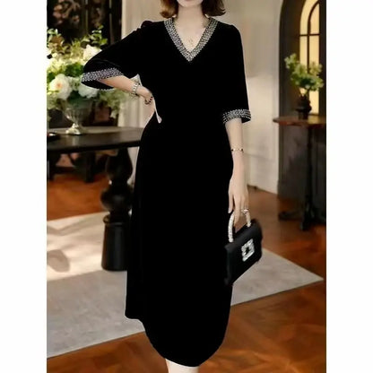 Lady Dress 2025 New Spring And Autumn Popular Light Luxury High-End thin elastic Mother High-End Velvet Dresses Red Black