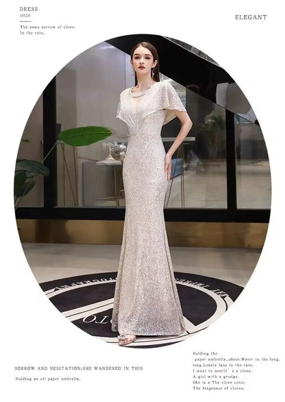 2023 New Fi Tail Evening Gown Women's Par Host High End Sensation Light Luxury Small ence Champagne Color Dr