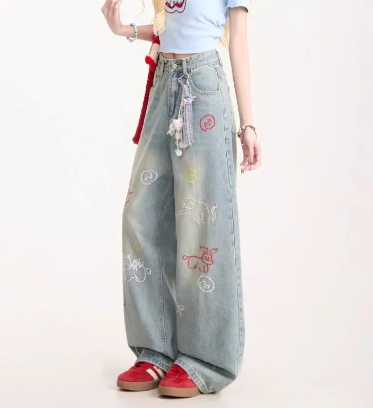 Jeans for Woman Y2k Pants Retro Washed Denim Straight Leg Wide Leg Trousers Cartoon Embroidery Design Comfortable Daily Wear
