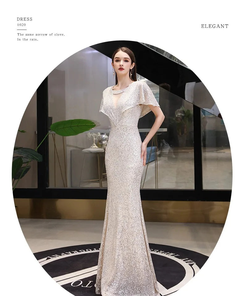 2023 New Fi Tail Evening Gown Women's Par Host High End Sensation Light Luxury Small ence Champagne Color Dr
